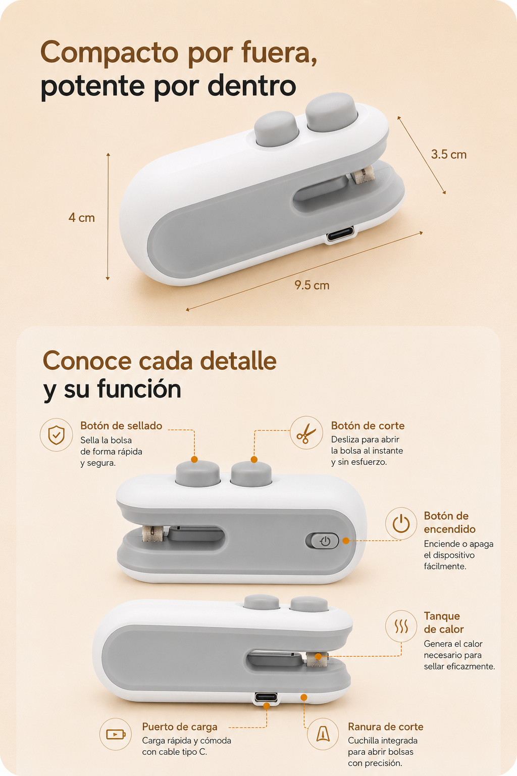 Sellador de Bolsas Recargable USB-C